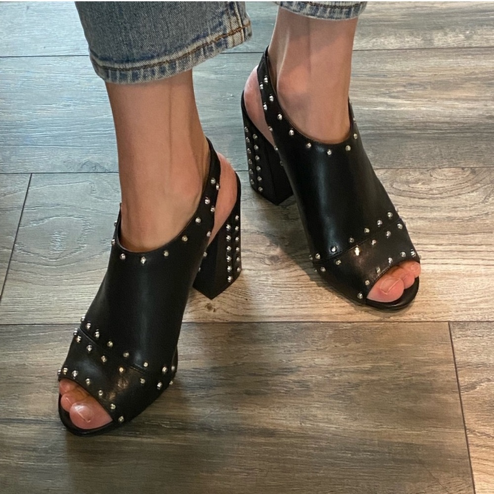 NWT Michael Kors Black Leather Studded Block Heels - Picture 5 of 14